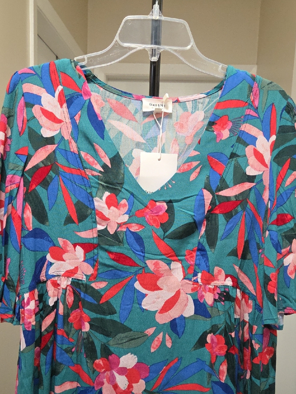 NWT Grace & Mila Teal Floral V-Neck Shift Dress Oversized Boho Cottagecore Flowy - Picture 8 of 12